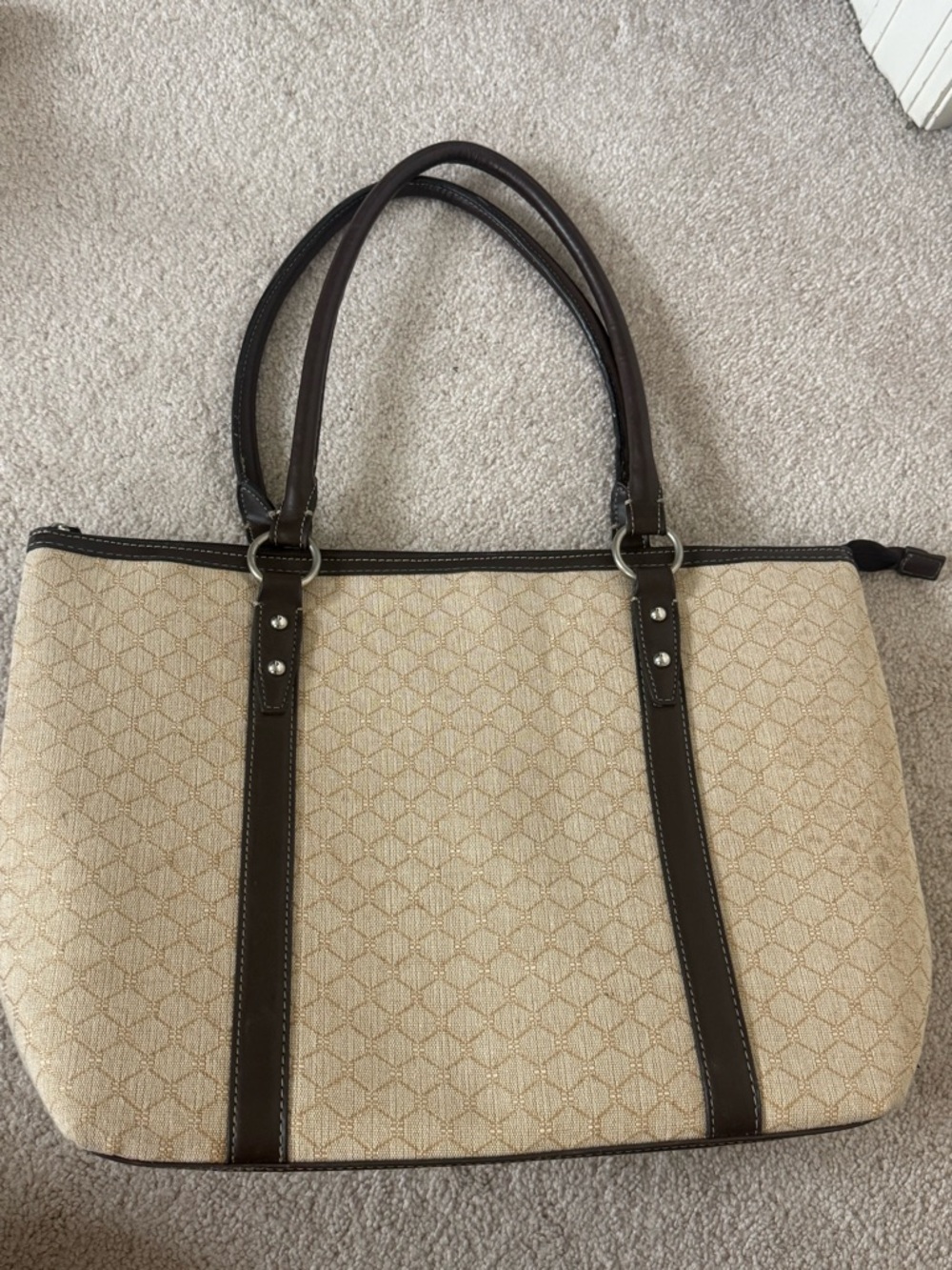 Classic Croft & Barrow Beige Canvas Tote Bag Brown Trim Large Work Travel Purse